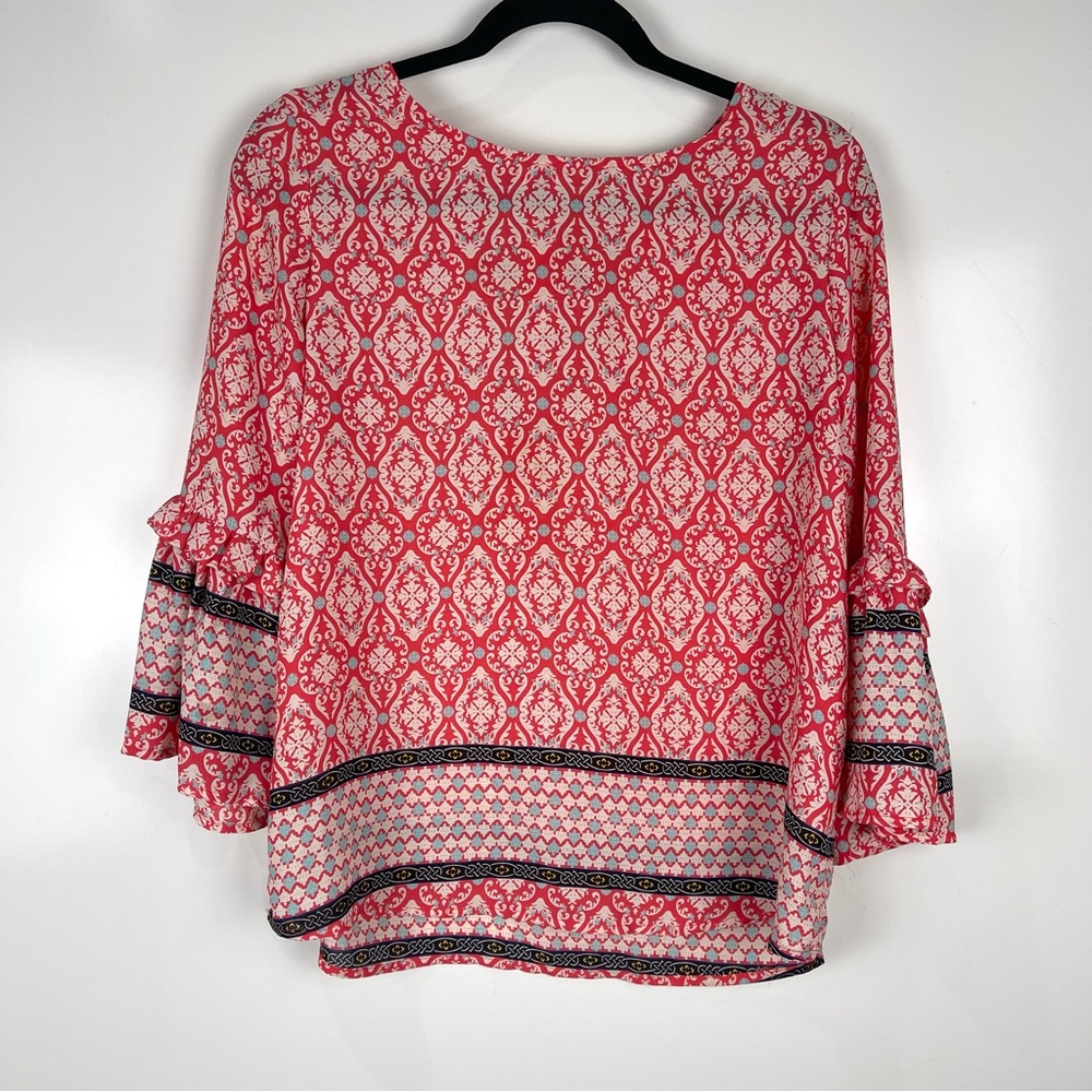Gibson Boho Print Blouse Ruffle Sleeve Size Medium Flowy Peasant Top Casual Chic